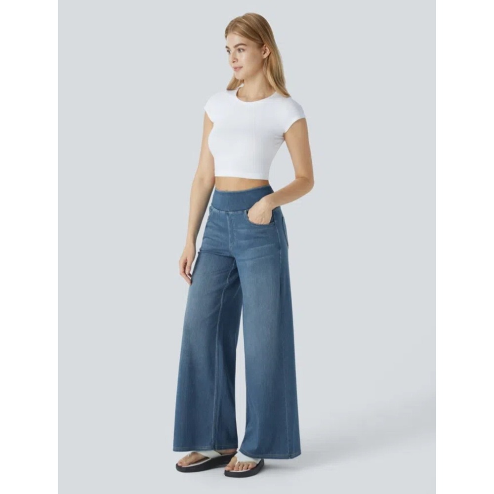 Halara Flex High Waisted Pockets Baggy Wide Leg Washed Casual Jeans Small Reg